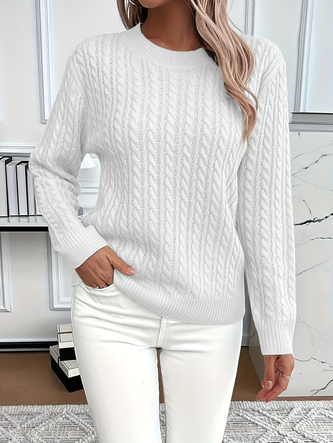 Pull femme en tricot torsadé 100 % acrylique, col rond, manches longues automne