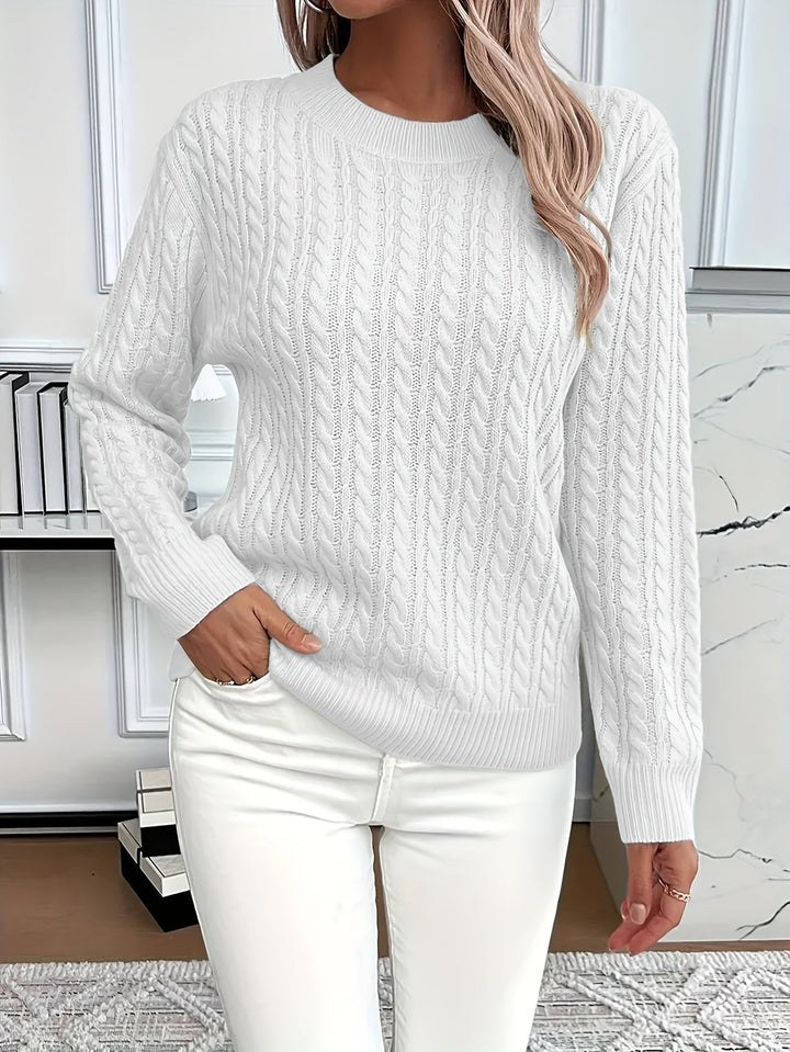 Pull femme en tricot torsadé 100 % acrylique, col rond, manches longues automne