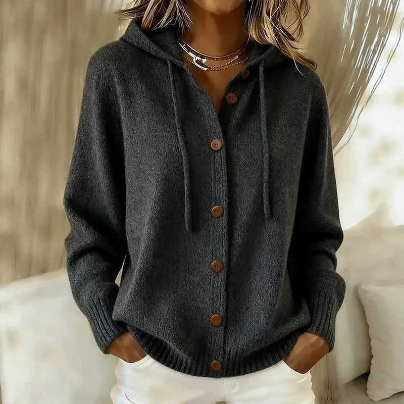 Gilet femme à capuche en maille douce avec boutons, cardigan chaud pour l'automne-hiver