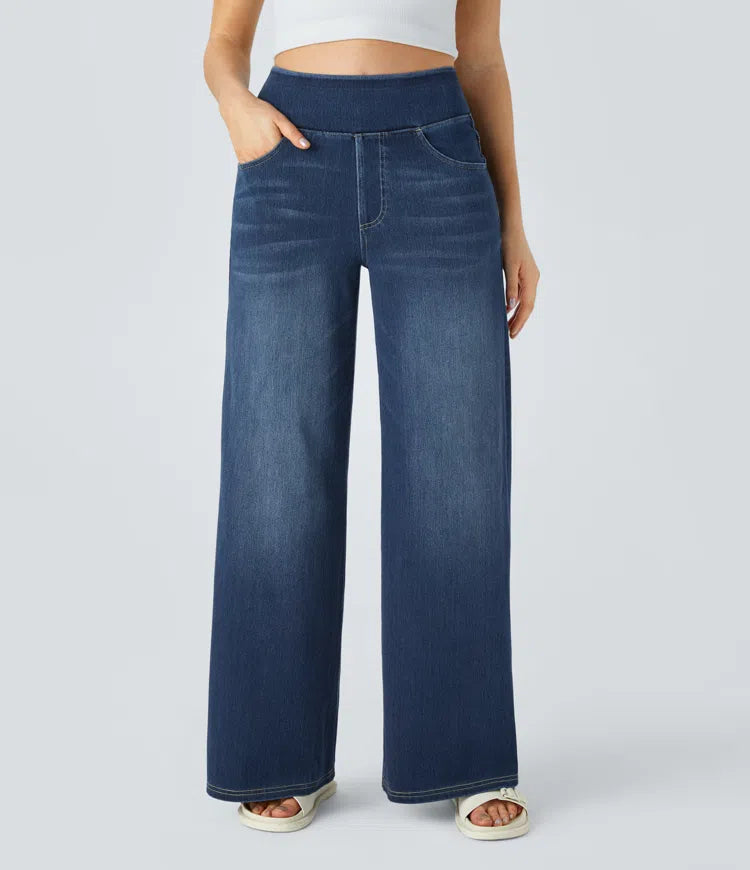 Jean femme extensible taille haute à jambes larges, pantalon décontracté en denim pour l’automne