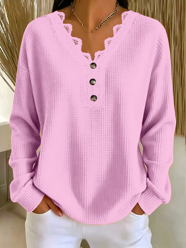 Women's V-neck lace-trimmed waffle-knit sweater with buttons, long-sleeve top for autumn