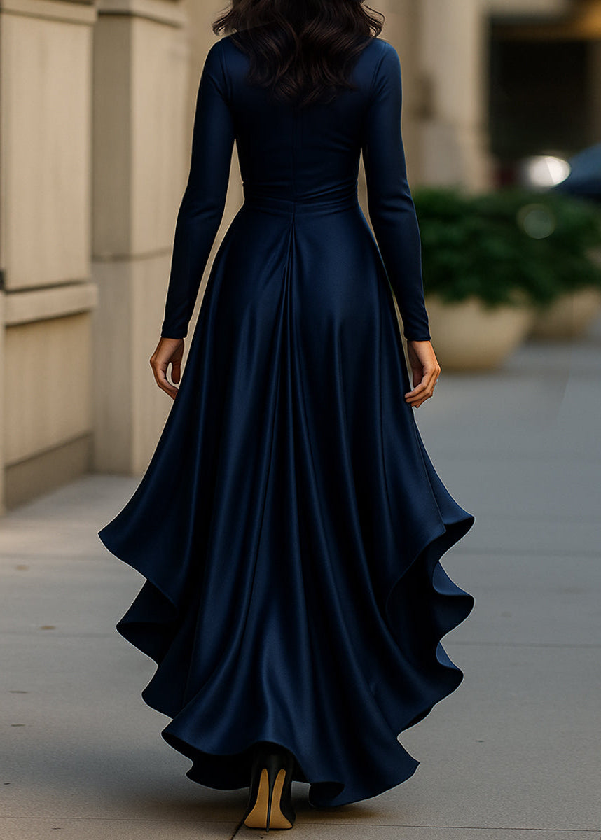 Women’s satin wrap dress with ruffles for autumn, long sleeves and a V-neck