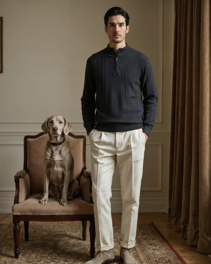 Men’s ribbed cashmere sweater with a stand-up collar and zipper, for autumn