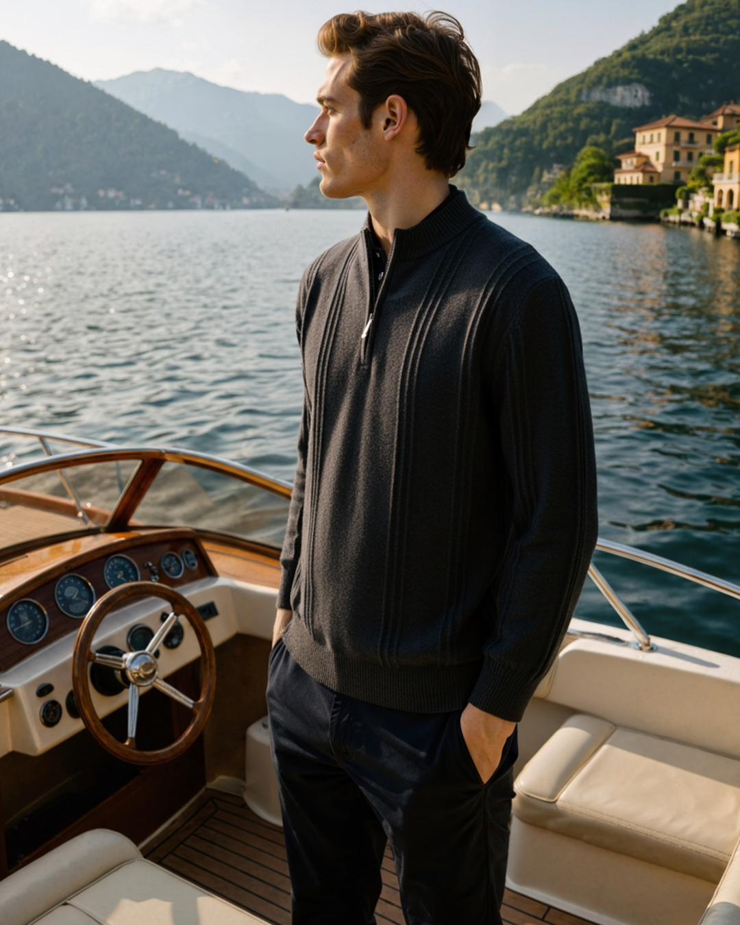 Men’s ribbed cashmere sweater with a stand-up collar and zipper, for autumn