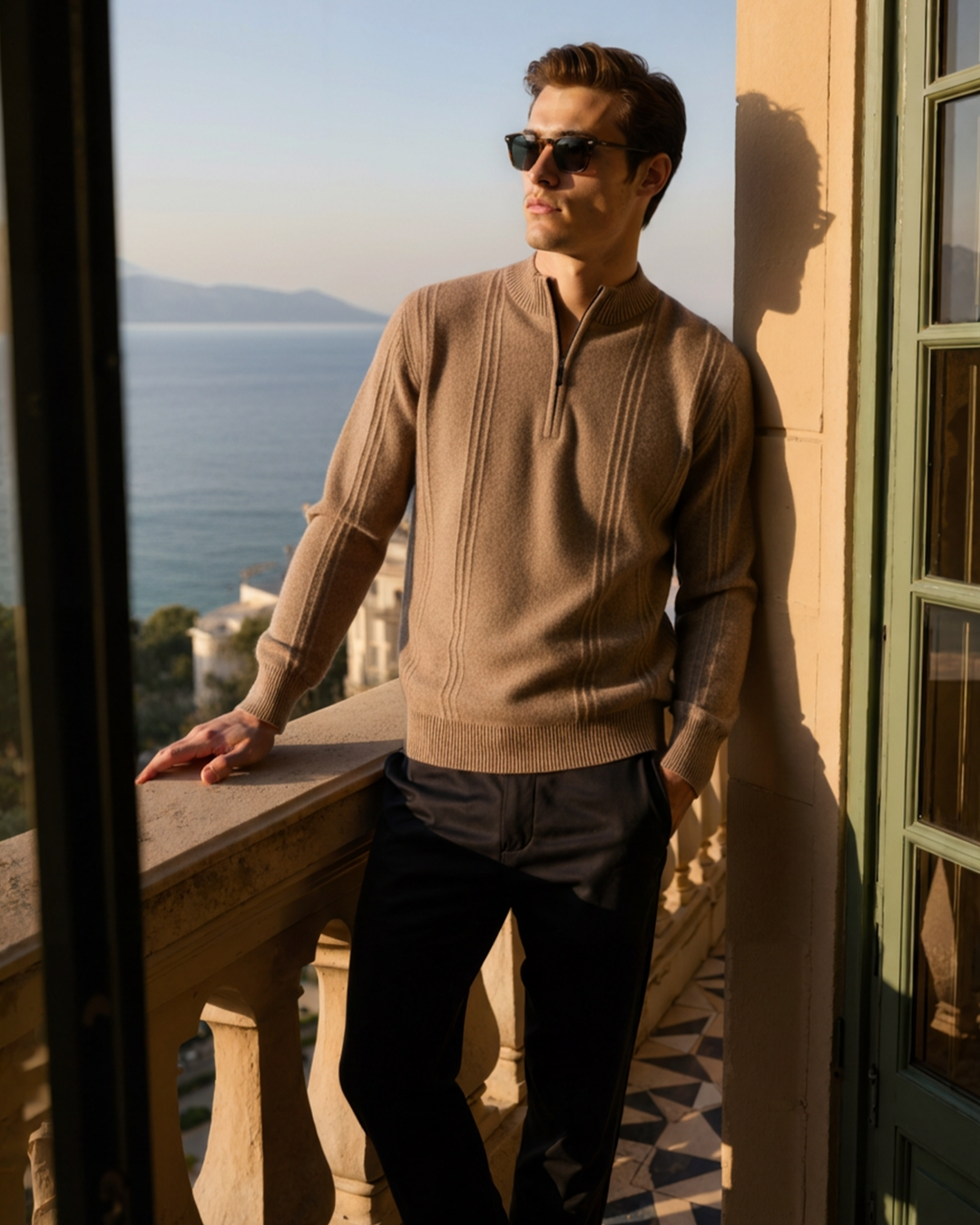 Men’s ribbed cashmere sweater with a stand-up collar and zipper, for autumn