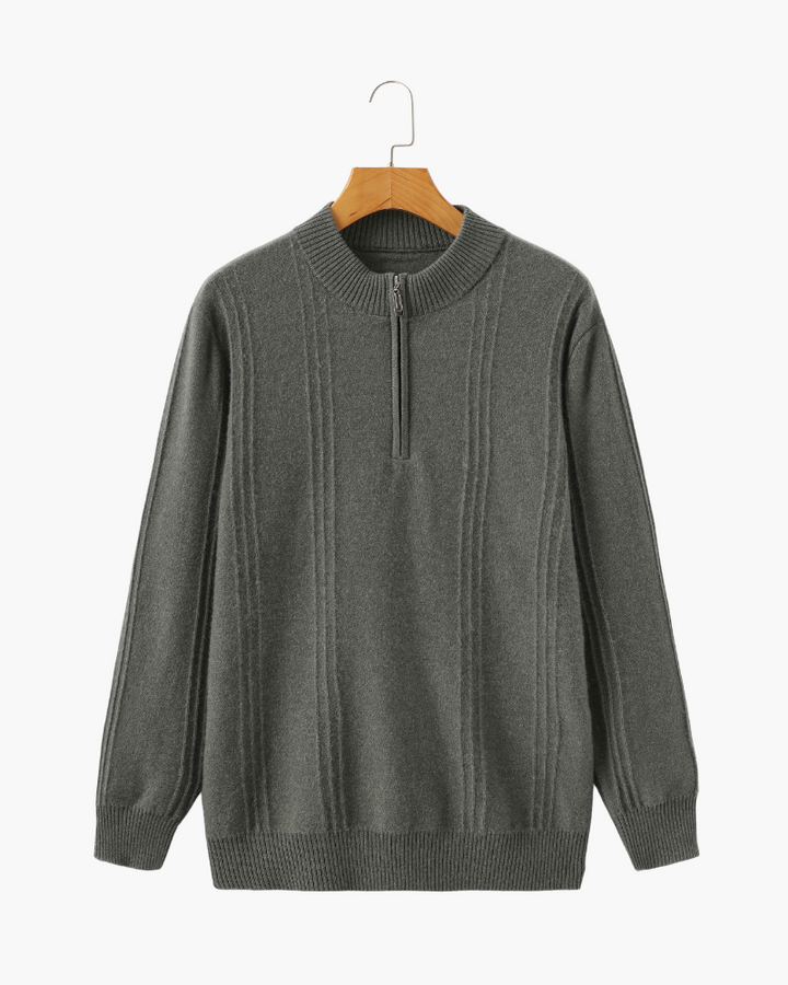 Men’s ribbed cashmere sweater with a stand-up collar and zipper, for autumn