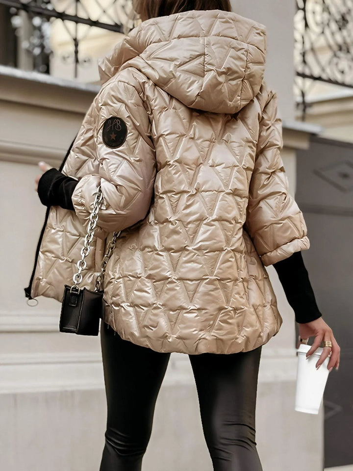 Doudoune femme à capuche matelassée brillante, veste d'hiver chaude et ample à manches 3/4