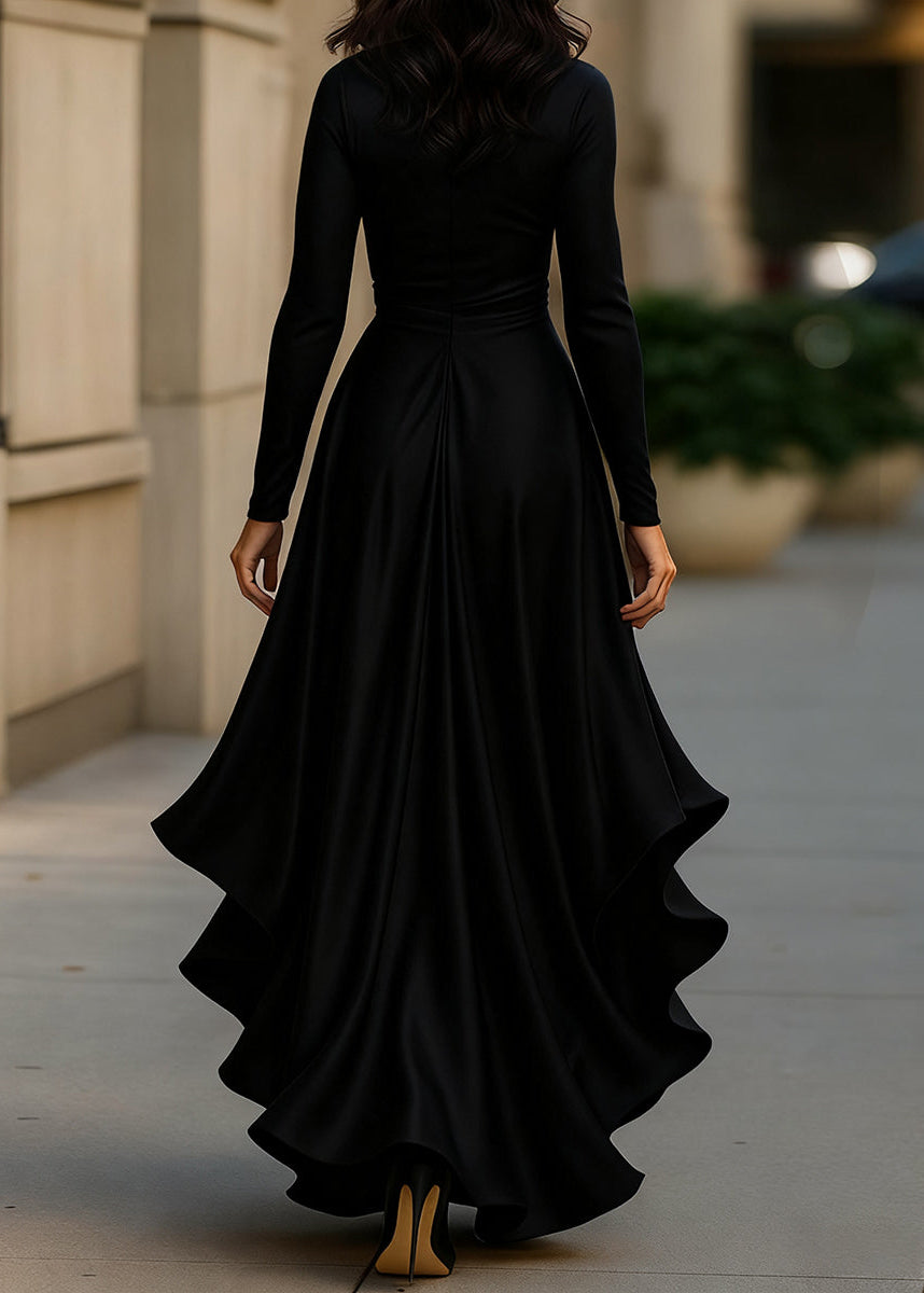 Women’s satin wrap dress with ruffles for autumn, long sleeves and a V-neck