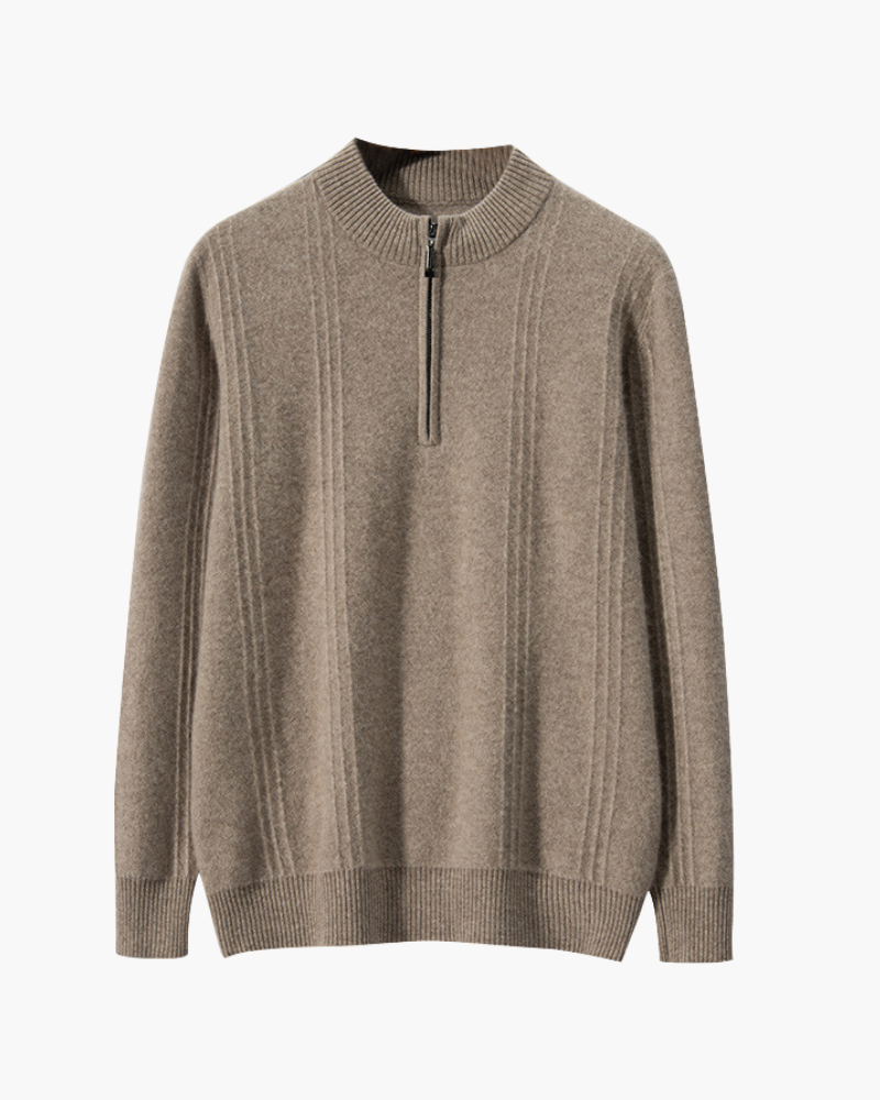 Men’s ribbed cashmere sweater with a stand-up collar and zipper, for autumn