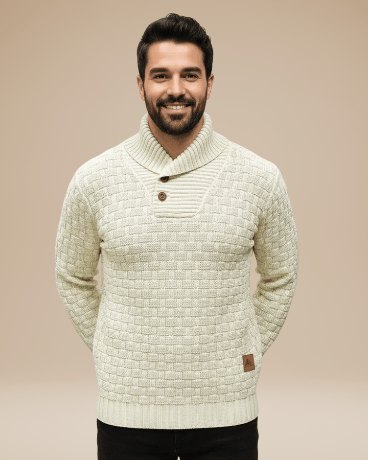 Men’s wool sweater with a shawl collar, basket weave, autumn style