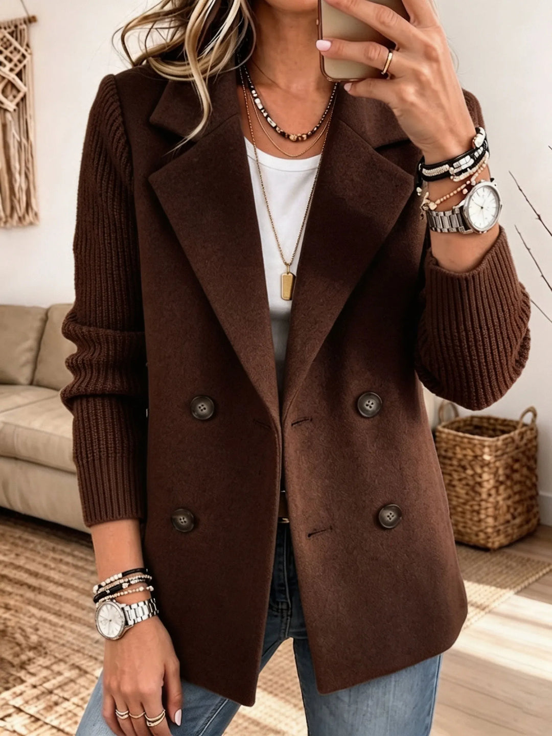 Veste blazer femme croisée en lainage avec manches en maille côtelée pour l'automne