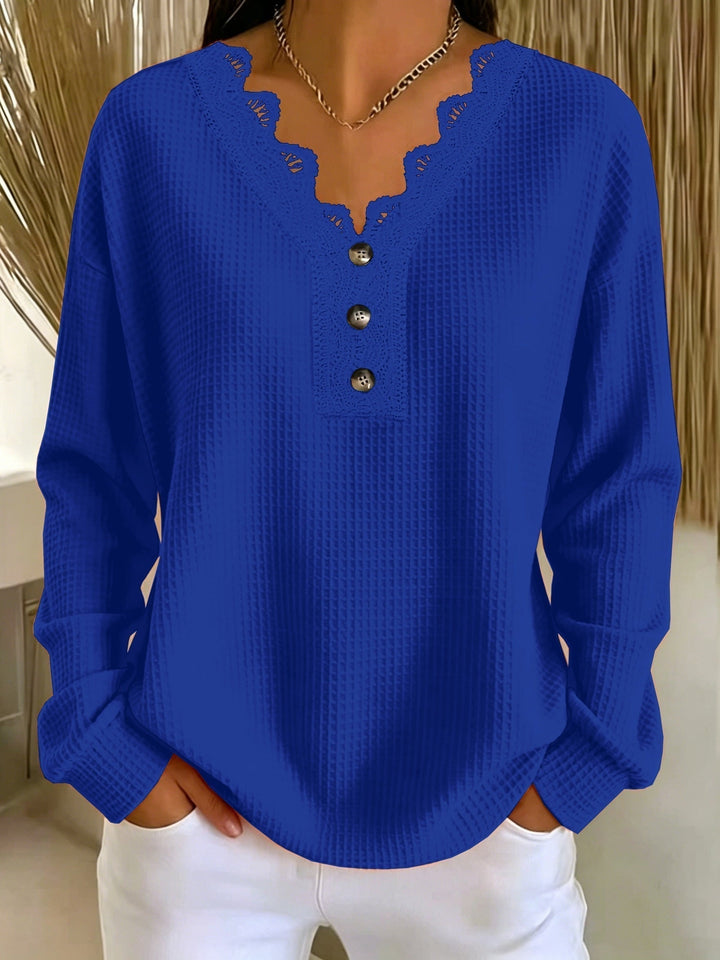 Women's V-neck lace-trimmed waffle-knit sweater with buttons, long-sleeve top for autumn