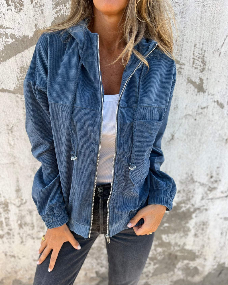 Veste pour femme en velours côtelé à capuche pour l'automne, décontractée et confortable