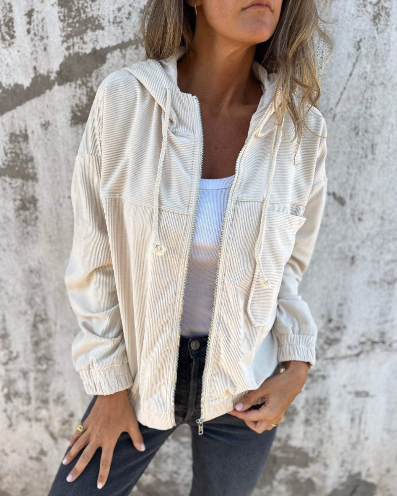 Veste pour femme en velours côtelé à capuche pour l'automne, décontractée et confortable
