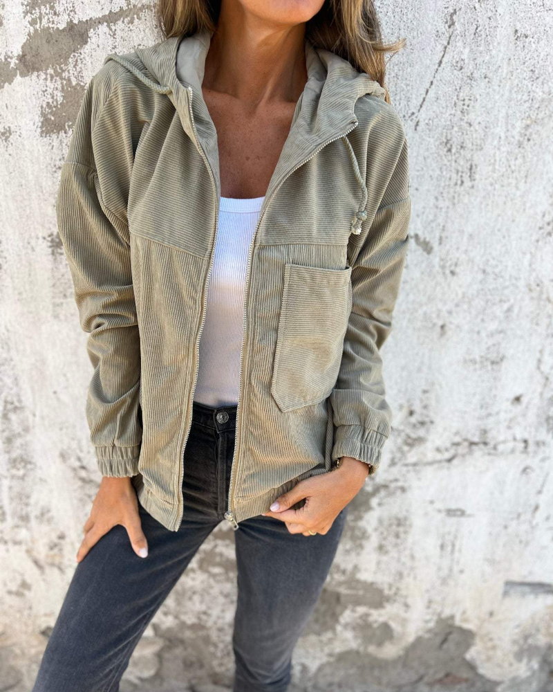 Veste pour femme en velours côtelé à capuche pour l'automne, décontractée et confortable