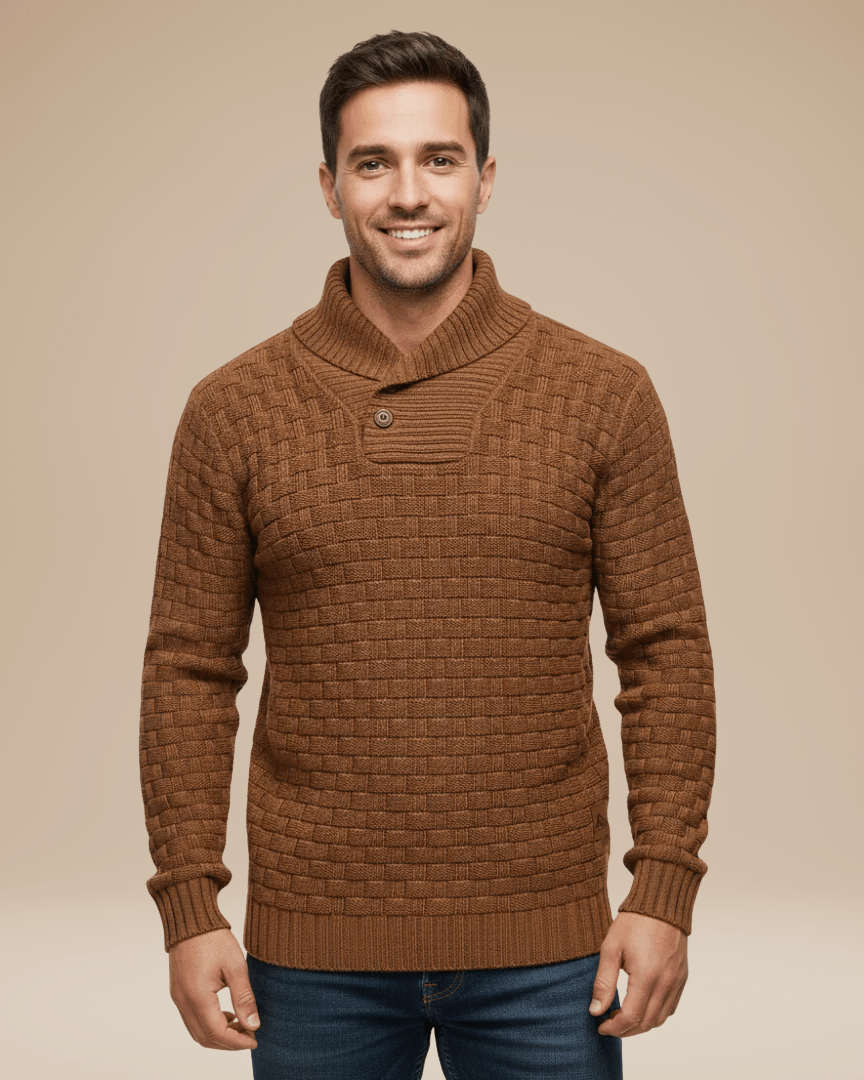 Men’s wool sweater with a shawl collar, basket weave, autumn style