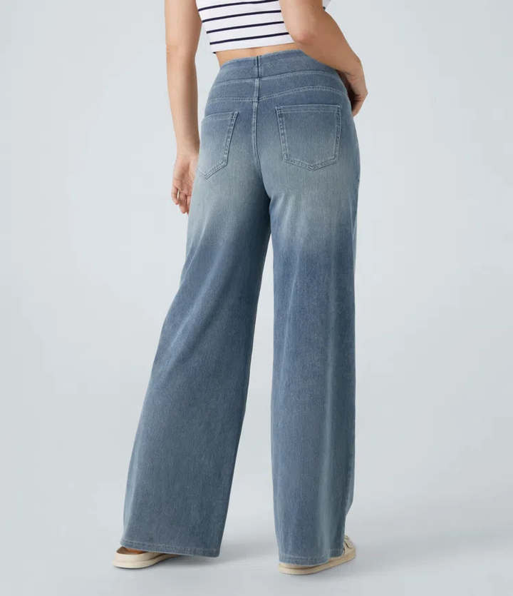 Jean femme extensible taille haute à jambes larges, pantalon décontracté en denim pour l’automne