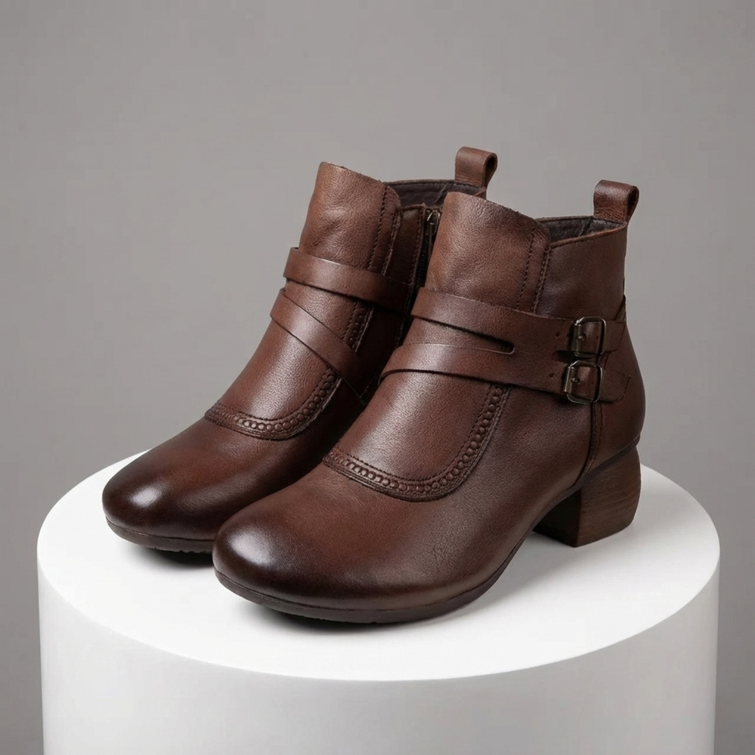 Bottines femme à boucle et petit talon aspect cuir, bottines confortables pour l'automne