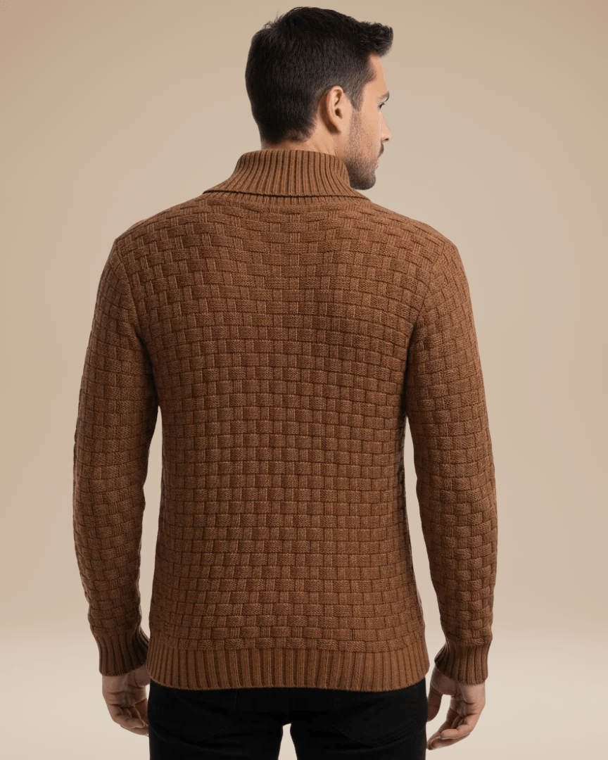 Men’s wool sweater with a shawl collar, basket weave, autumn style