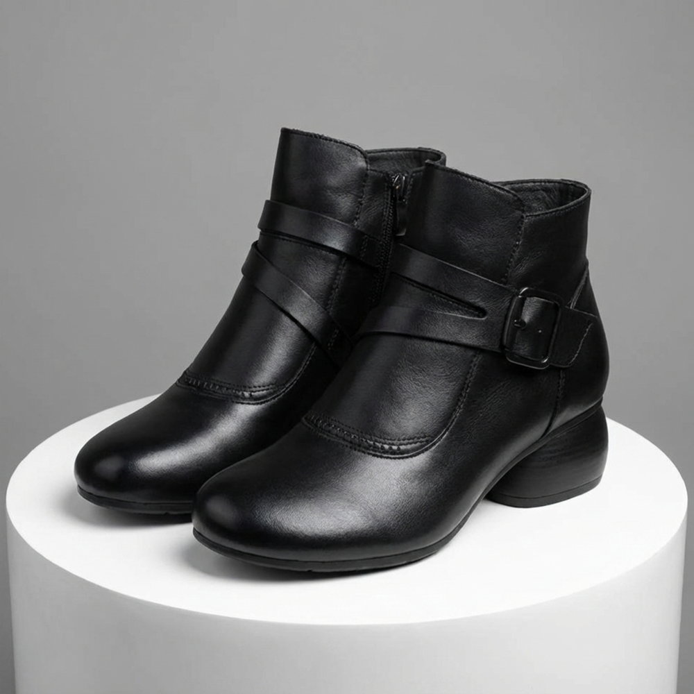 Bottines femme à boucle et petit talon aspect cuir, bottines confortables pour l'automne