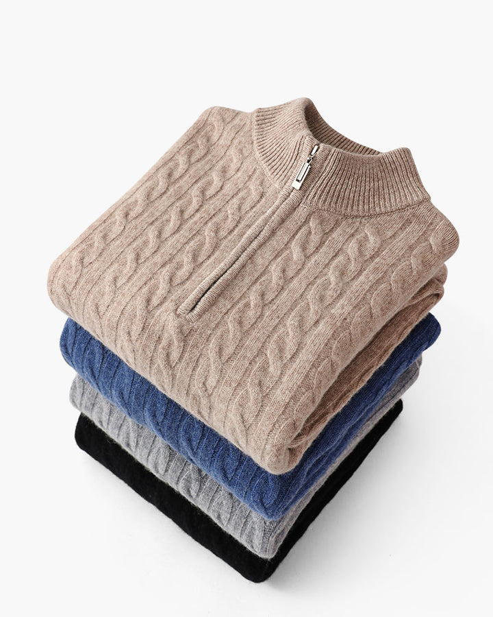 Pull homme en cachemire à col zippé, maille torsadée, pour l’automne