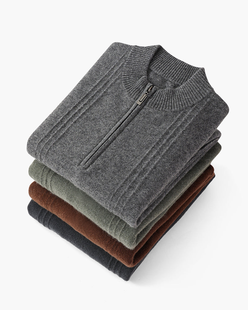 Men’s ribbed cashmere sweater with a stand-up collar and zipper, for autumn