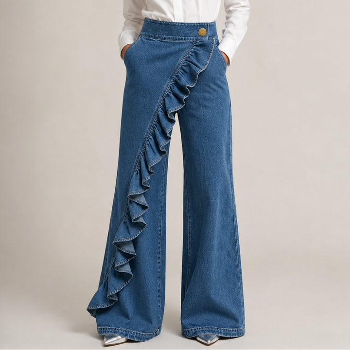 Jean femme en coton à taille haute et jambes larges, pour l’automne
