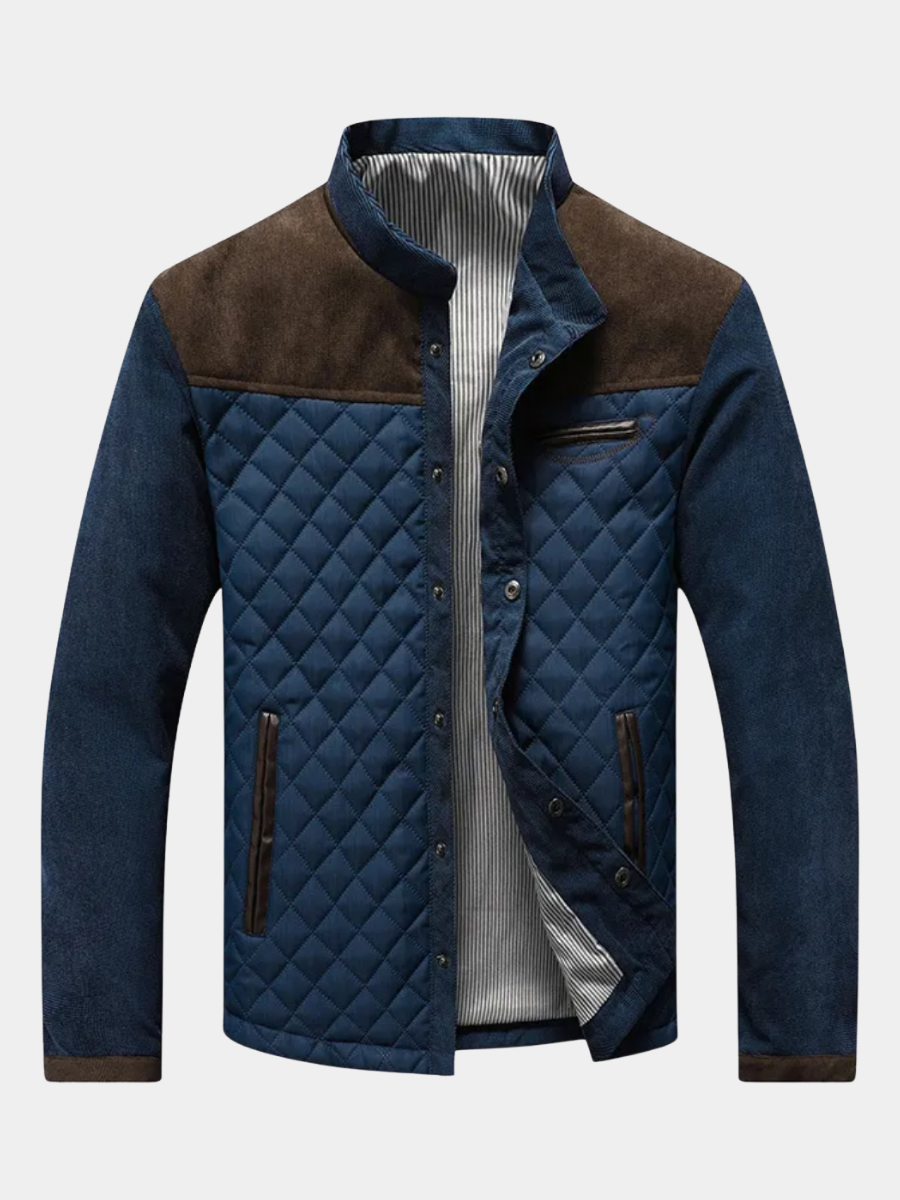 Veste matelassée homme col montant avec empiècements en velours côtelé, blouson pour l'automne