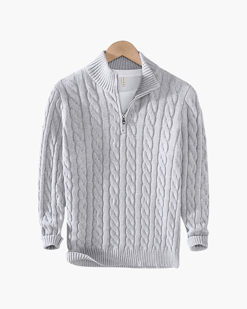 Pull homme en maille torsadée en coton, à col montant et fermeture éclair, pour l’automne