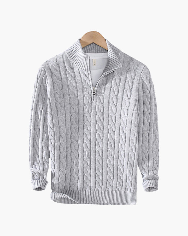 Pull homme en maille torsadée en coton, à col montant et fermeture éclair, pour l’automne