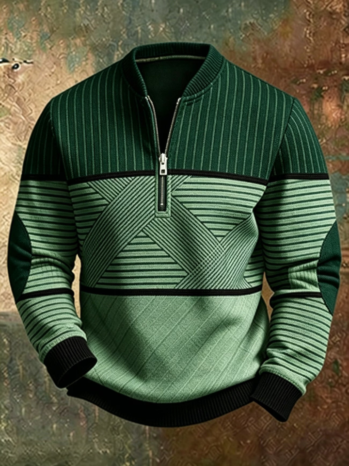 Men's half-zip stand-collar sweater in geometric-patterned knit, casual pullover for autumn