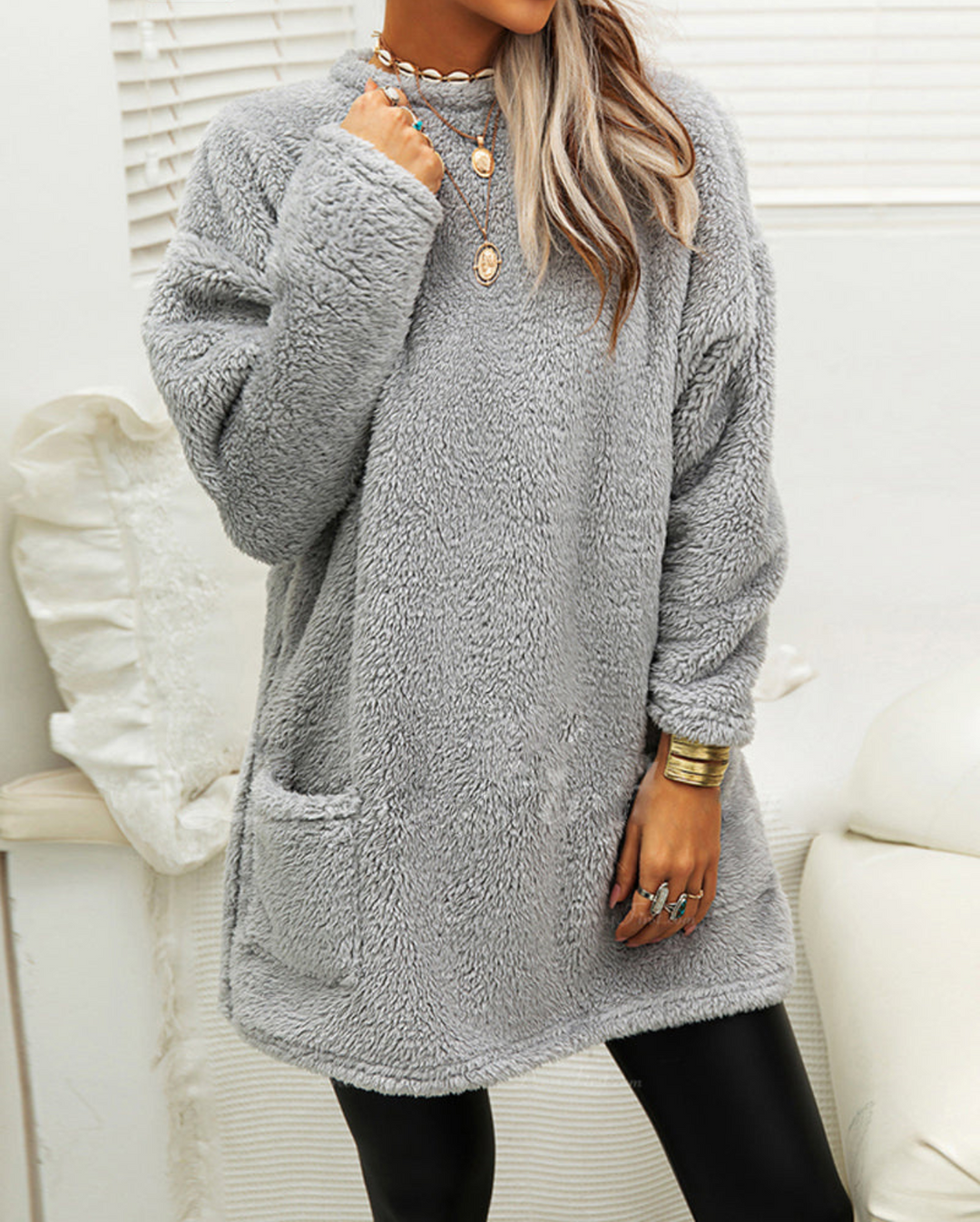 Pull long femme en laine mélangée à manches longues pour l’automne et l’hiver