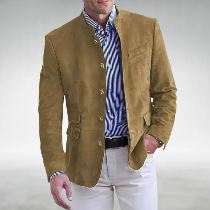 Men's stand-collar suede blazer, structured buttoned jacket for autumn