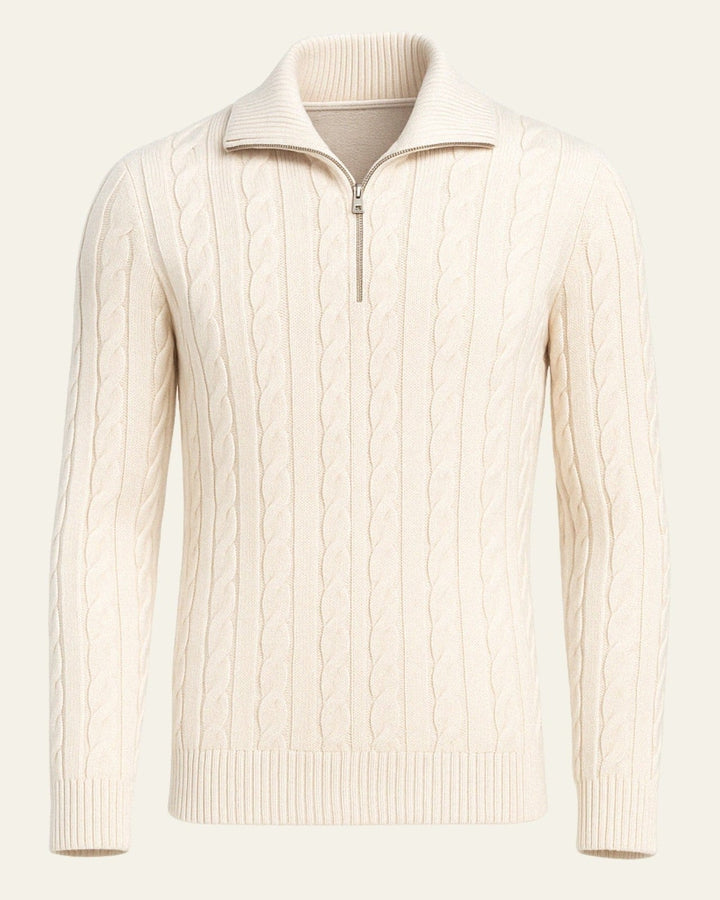 Pull en laine pour homme à col zippé, maille torsadée, tricot d’automne
