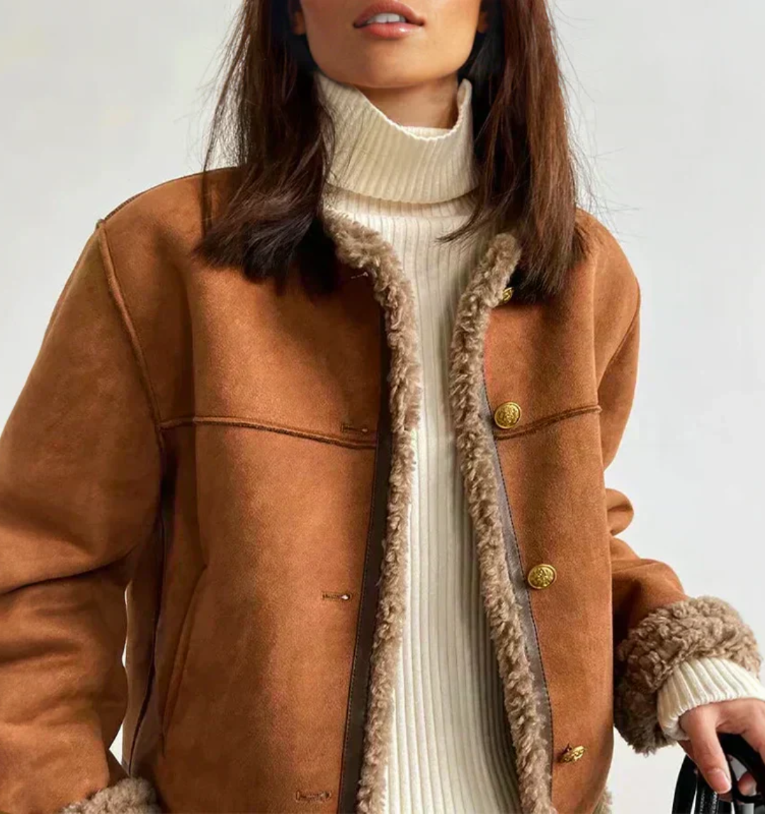 Veste femme en suédine doublée sherpa, veste d'hiver chaude et élégante à boutons