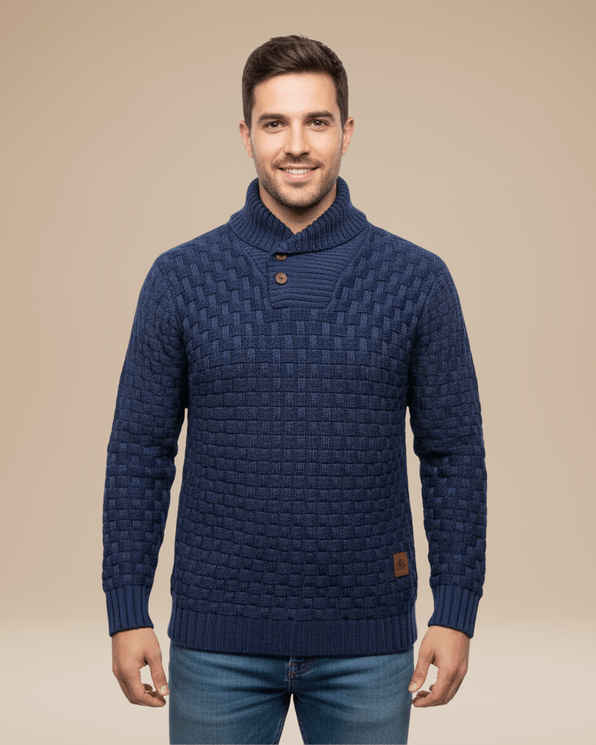 Men’s wool sweater with a shawl collar, basket weave, autumn style