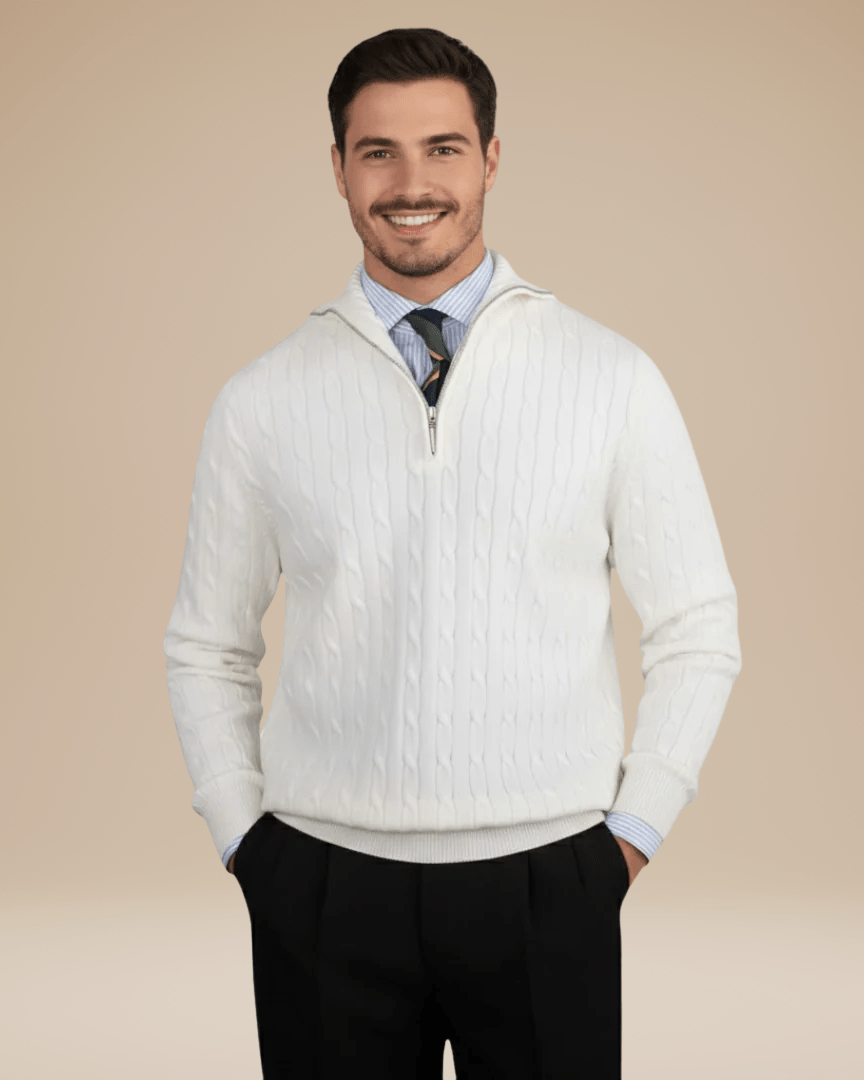 Men's cable-knit wool sweater with a zip-up stand collar for autumn