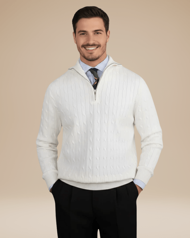 Men's cable-knit wool sweater with a zip-up stand collar for autumn