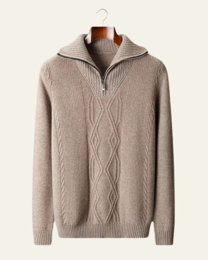 Pull homme en laine mérinos à col zippé, maille torsadée, pour l’automne
