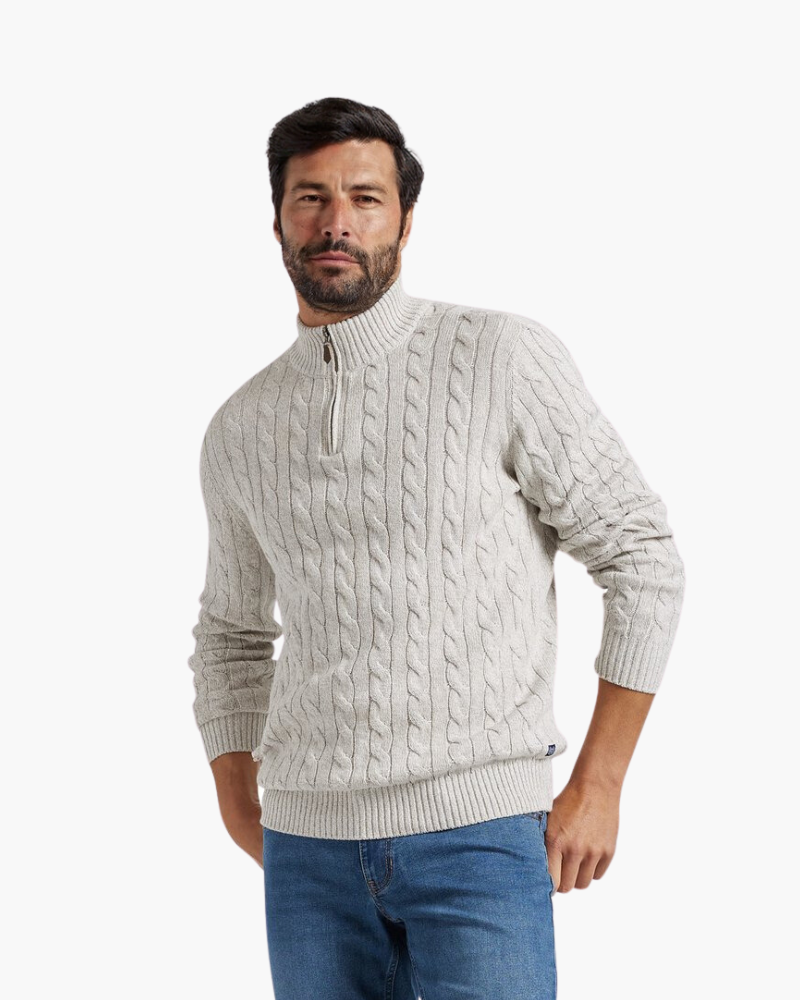 Pull homme en maille torsadée en coton, à col montant et fermeture éclair, pour l’automne