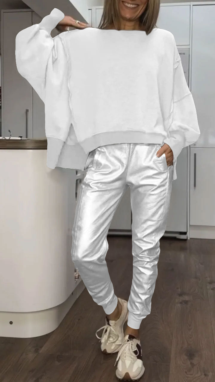 Women’s leather tracksuit set with pants, ideal for autumn
