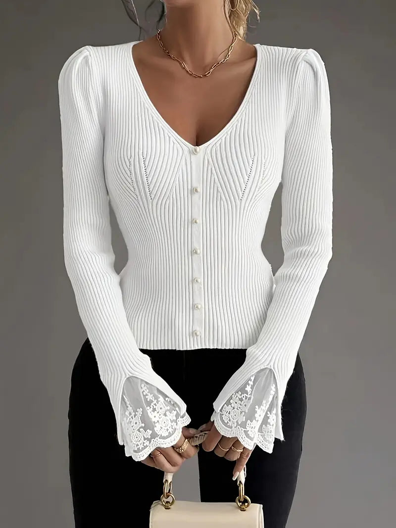 Pull en maille pour femme à col en V et texture côtelée pour l'automne