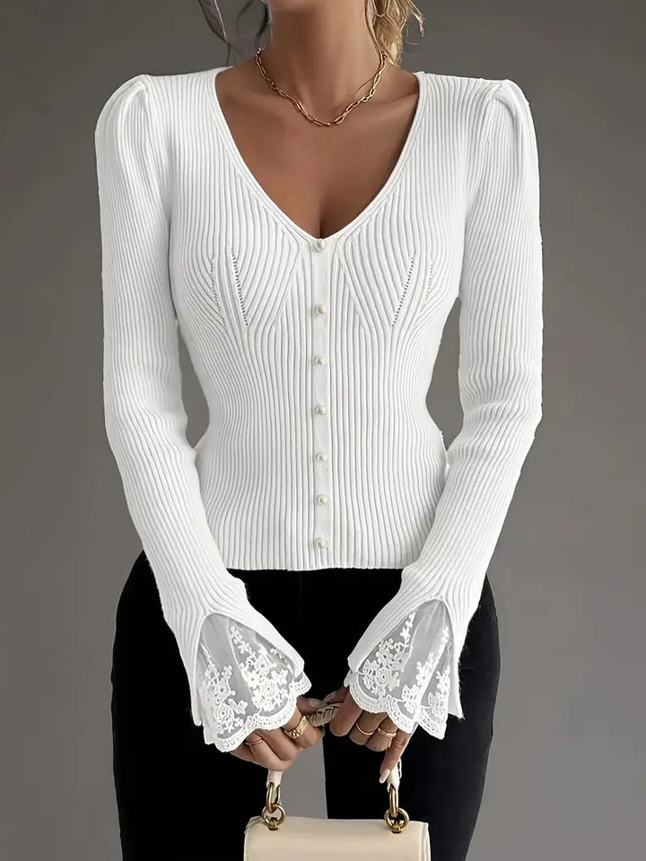 Pull en maille pour femme à col en V et texture côtelée pour l'automne