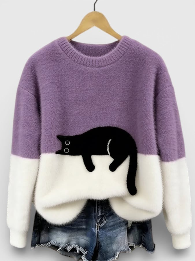 Pull femme en coton à motif chat pour l'automne, coupe décontractée pour le quotidien