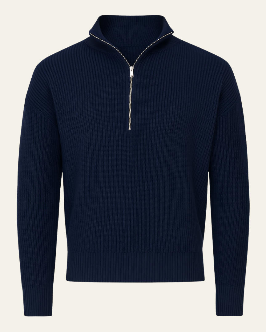 Pull en laine pour homme à col zippé, maille côtelée, pour l’automne