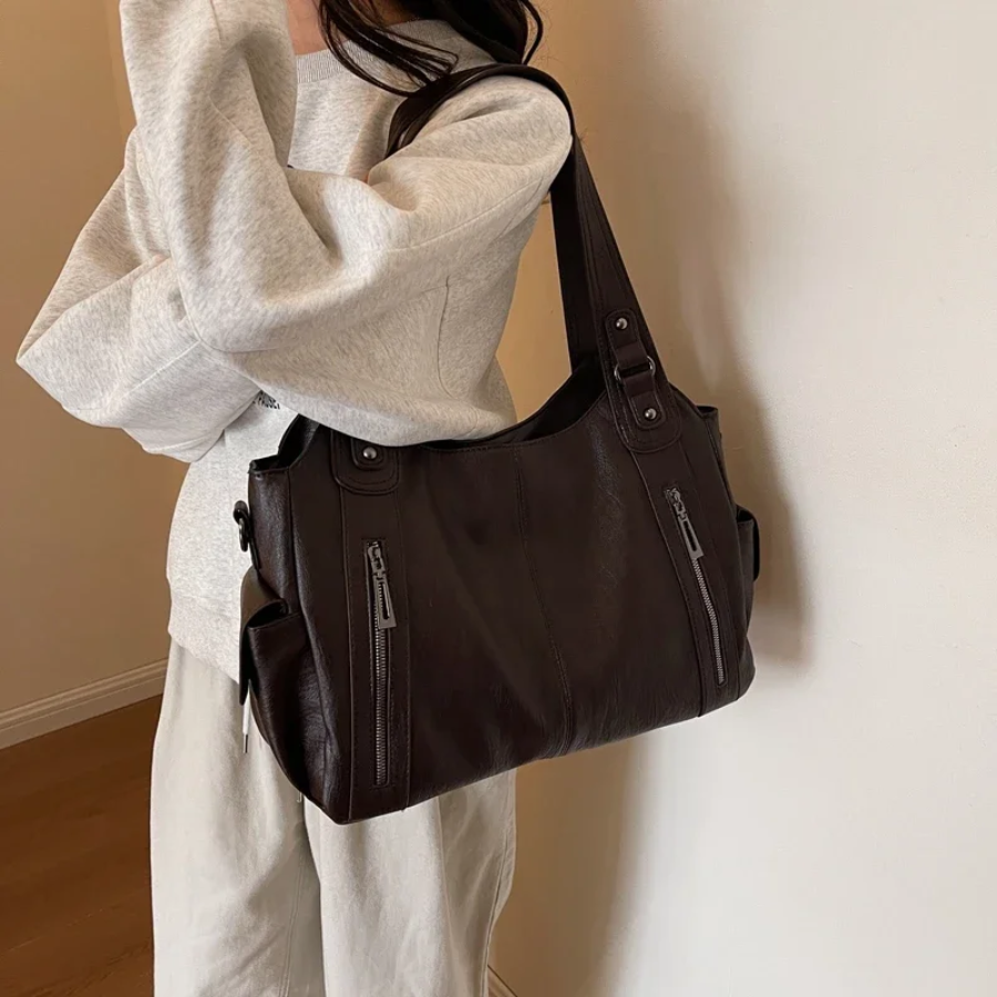 Spacious women's leather shoulder bag, autumn urban style