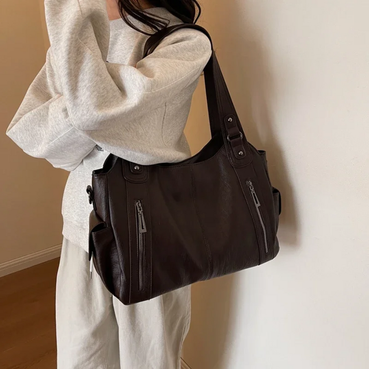 Spacious women's leather shoulder bag, autumn urban style