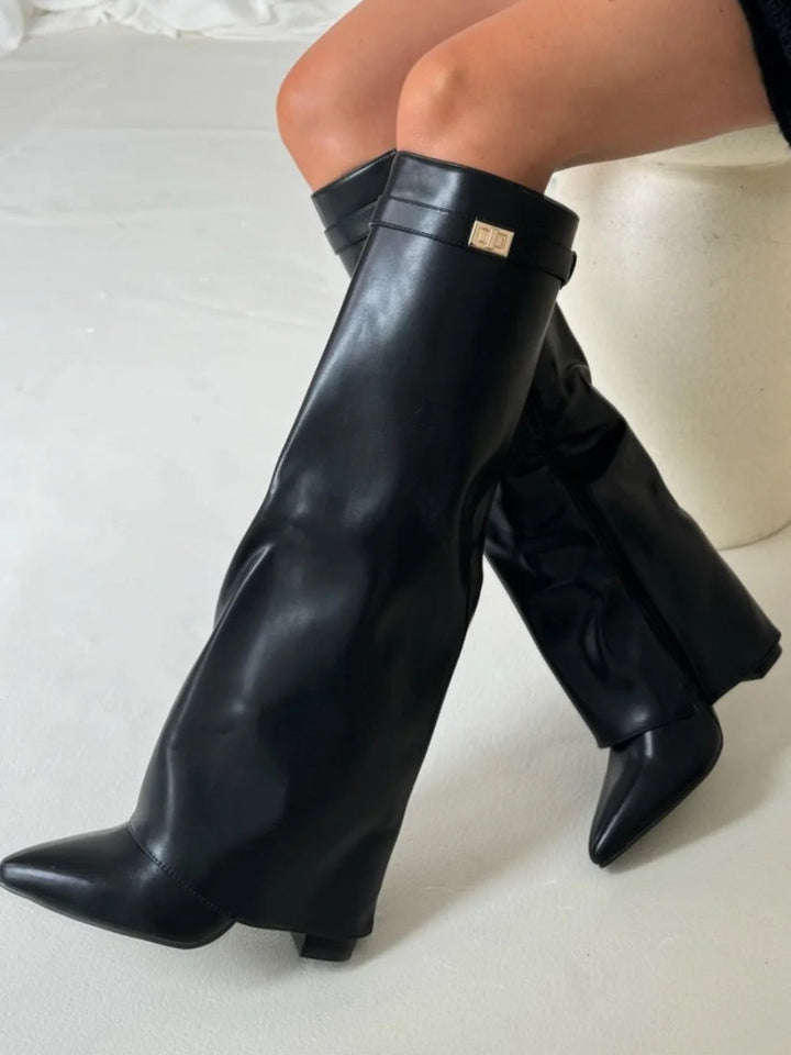 Bottes femme en cuir au-dessus du genou à talon bloc pour l’automne