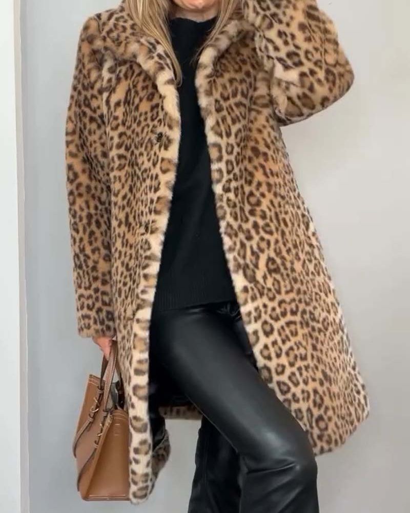 Women's long leopard-print coat with wool, autumn cape