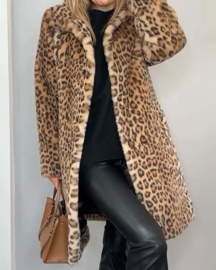 Women's long leopard-print coat with wool, autumn cape